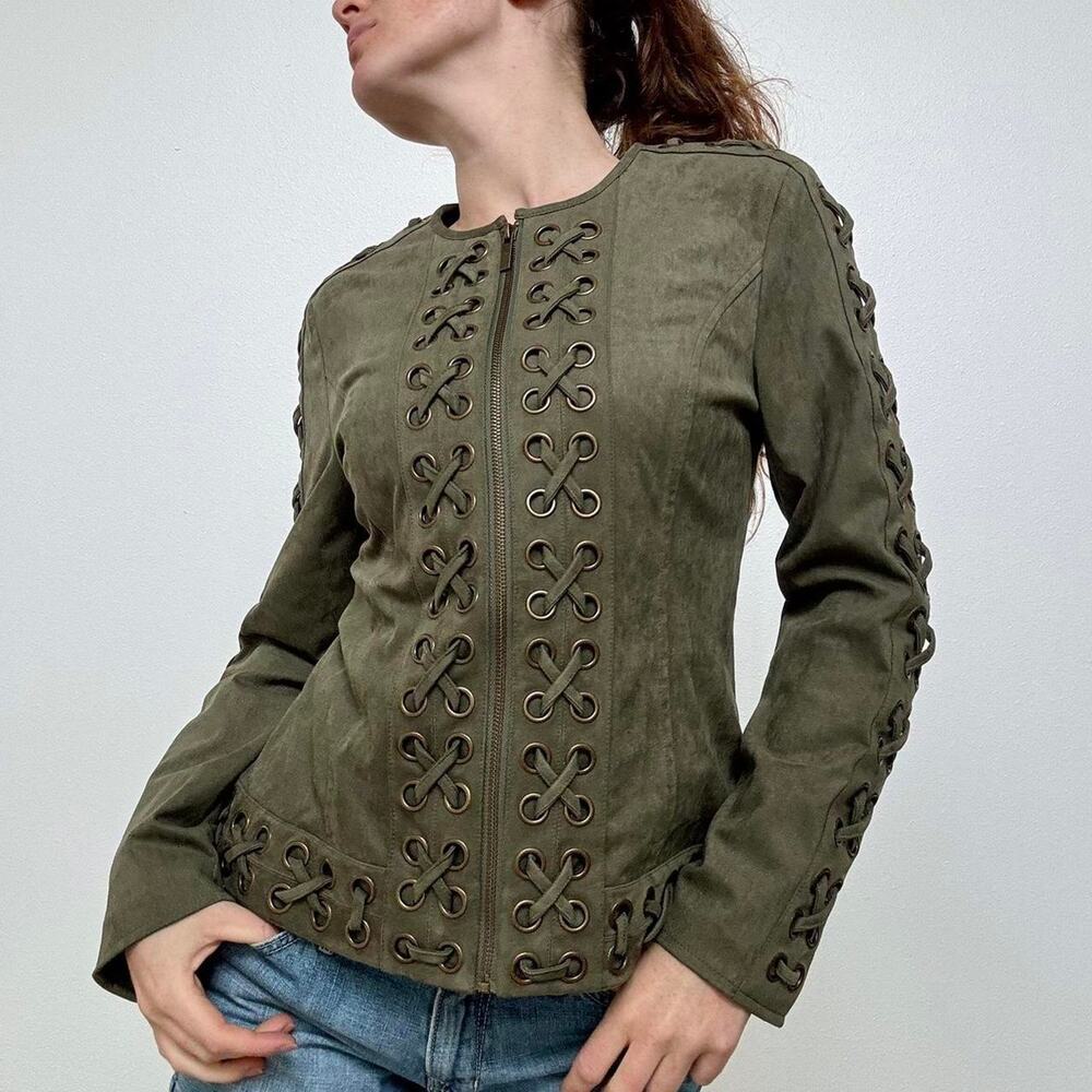 Boston proper green faux suede zip up grommet jacket - Picture 2 of 7